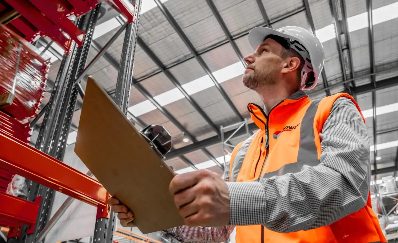Worker conducting warehouse racking inspection with clipboard for compliance reporting and safety checks